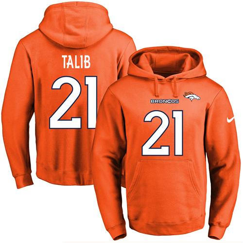 Nike Broncos #21 Aqib Talib Orange Name & Number Pullover NFL Hoodie - Click Image to Close